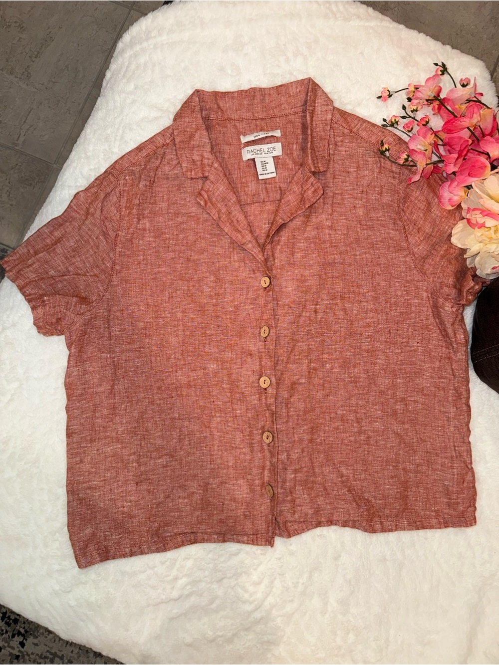Rachel Zoe Rust Button-Front Camp Collar Short Sleeve Top 100% Linen Size M